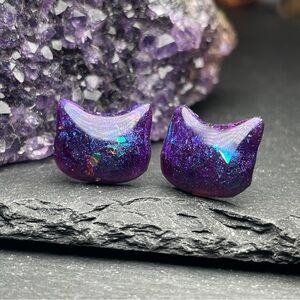 Custom Purple Opal Inspired Cat Ear Stud Earrings Hand Poured Resin